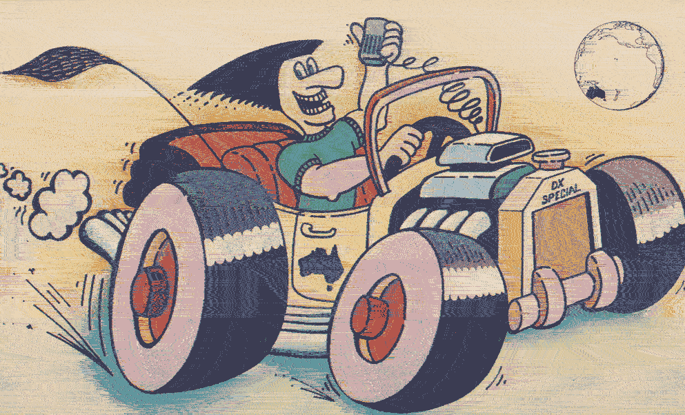 QSL card showing a cartoon car and driver.