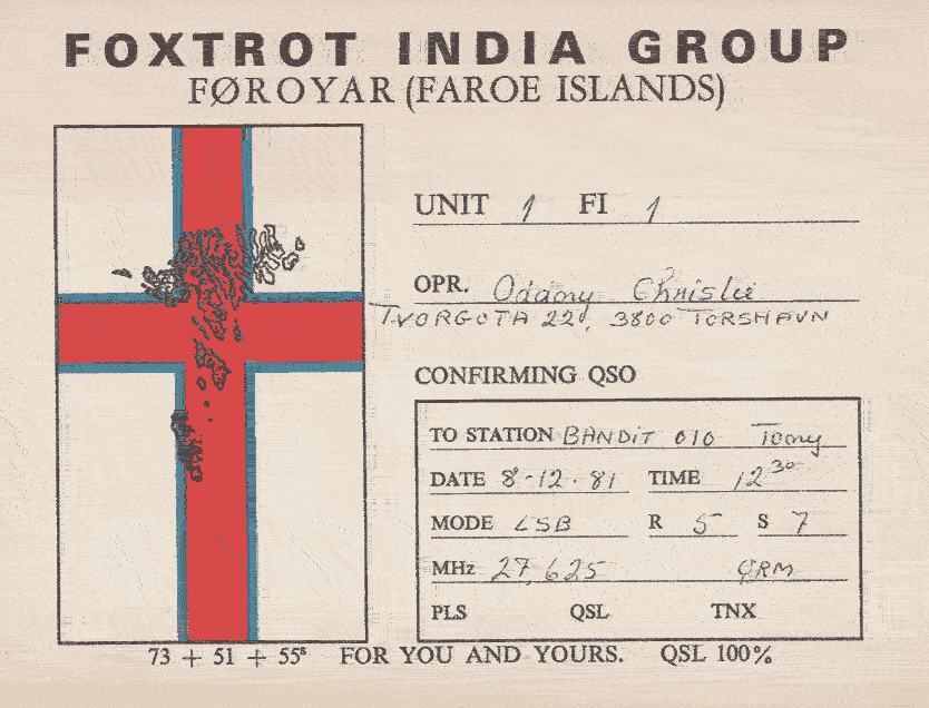 QSL card showing the flag of the Faroe Islands.