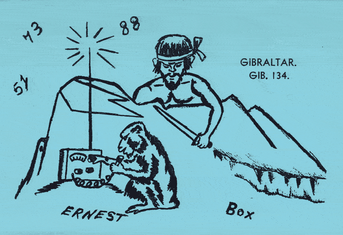 QSL card showing a man seemingly hunting a monkey operating a radio.