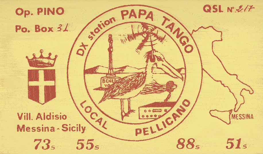 QSL card showing a cartoon pelican operating a radio.
