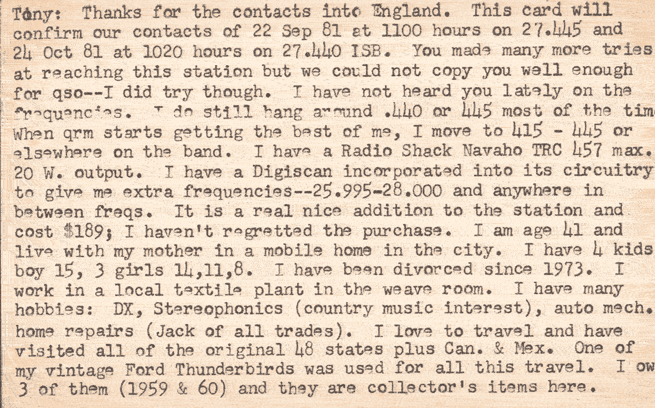 QSL card showing a typed message